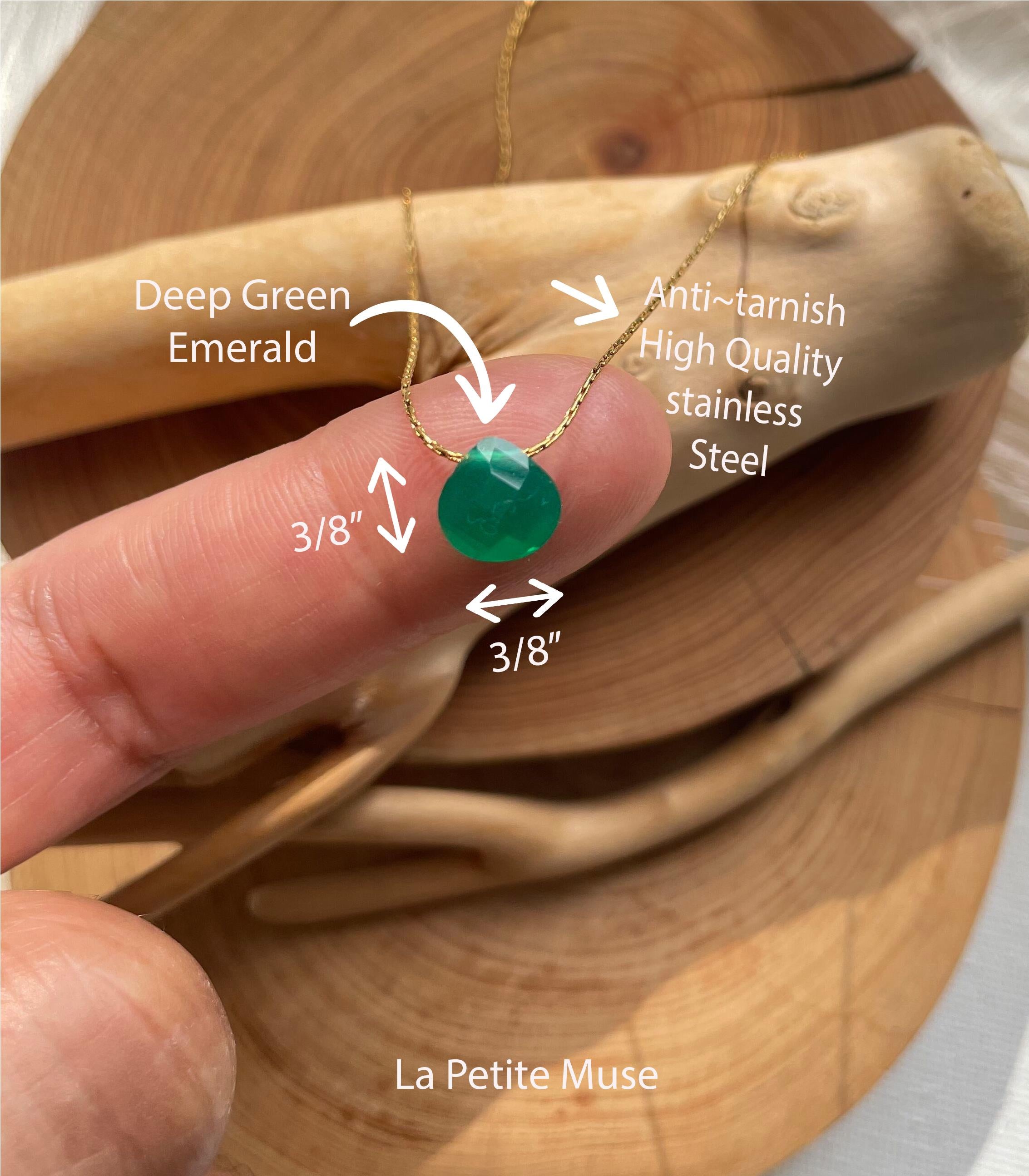 Emerald Tiny Teardrop Pendant Necklace ~ May Birthstone