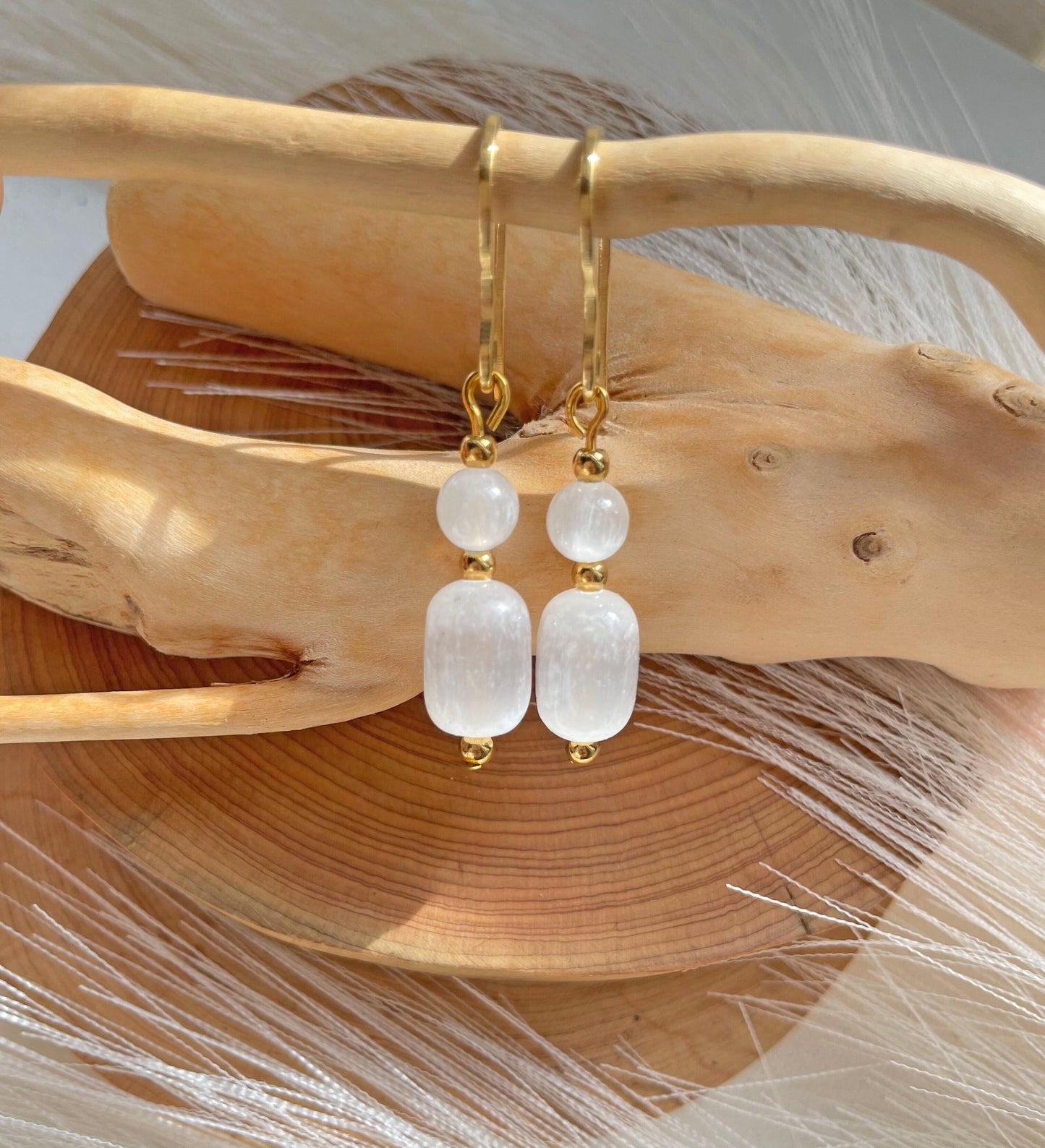Selenite Minimalist Crystal Earrings 14K Gold Plated,