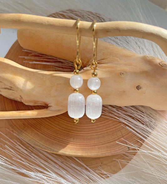 Selenite Minimalist Crystal Earrings 14K Gold Plated,