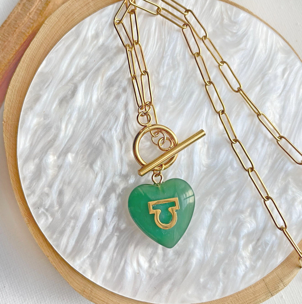 Personalized Zodiac Initial Heart  ~ Jade  Necklace