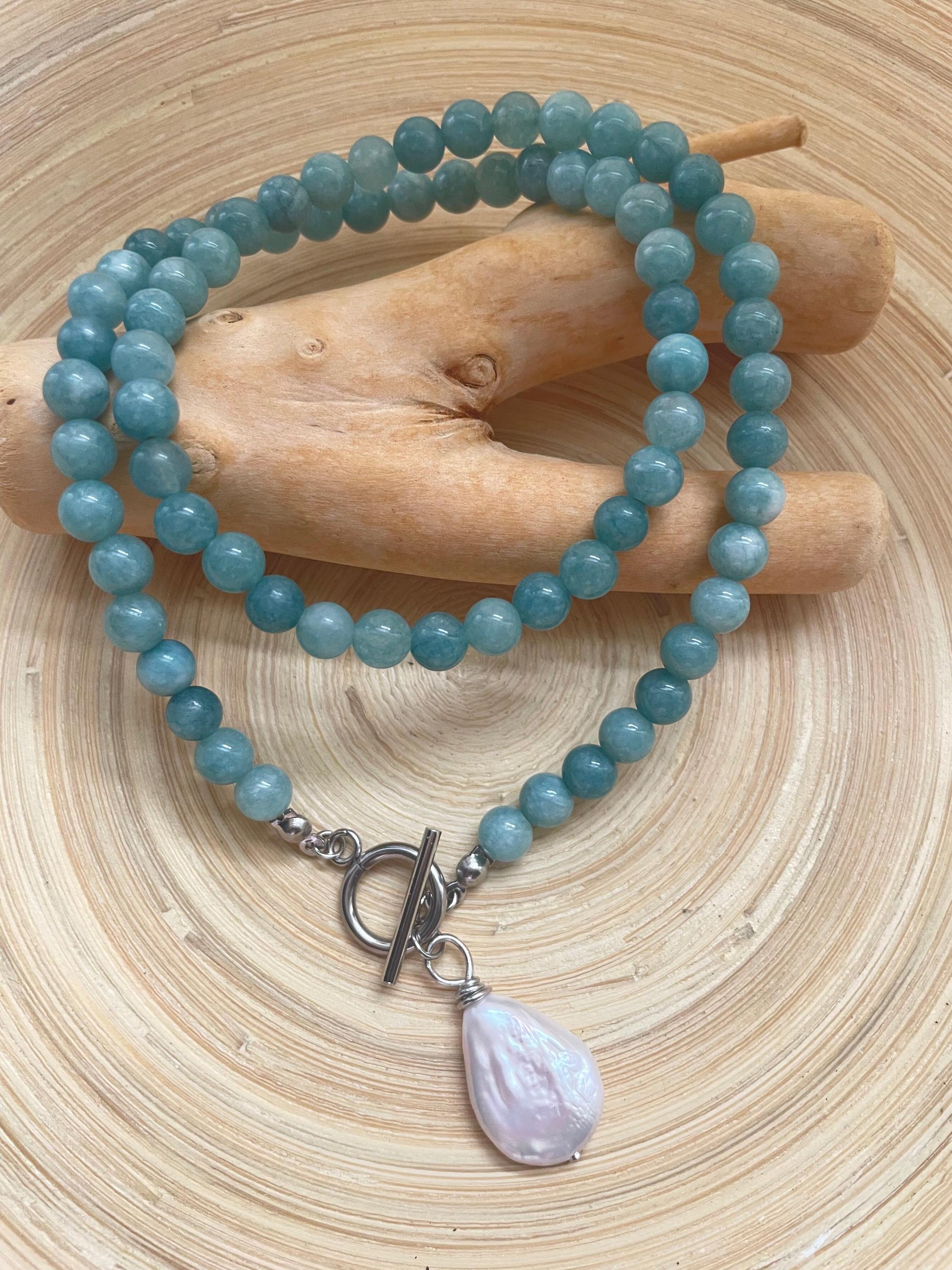 Blue Amazonite Beaded ~ Pearl Pendant Necklace