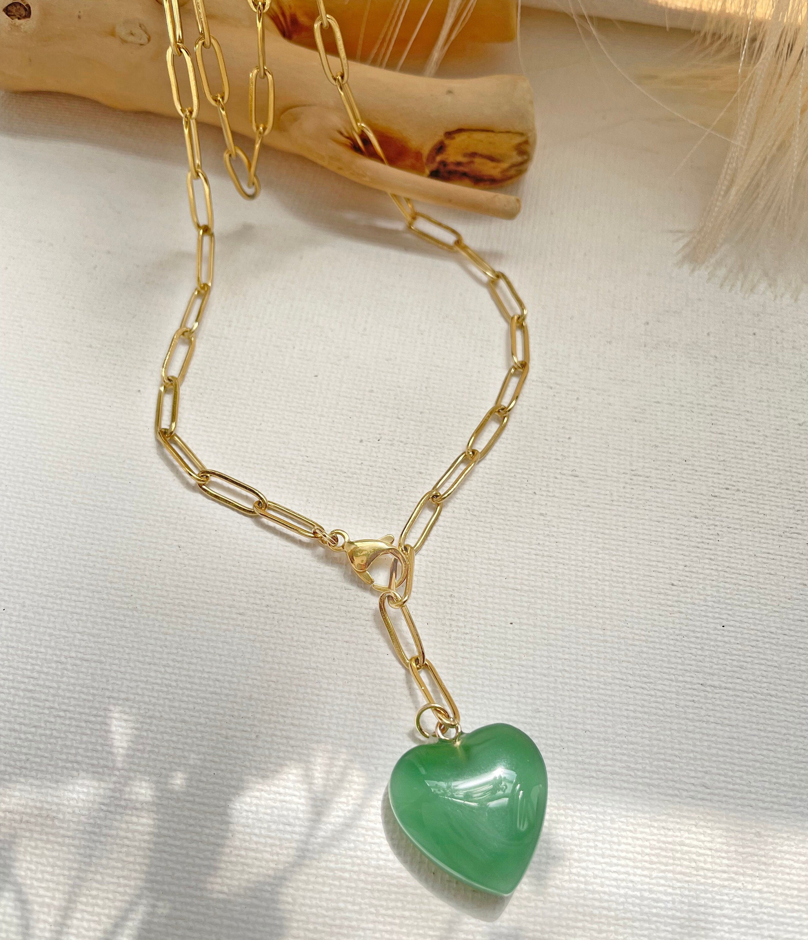 Jade Heart Paperclip Chain Necklace