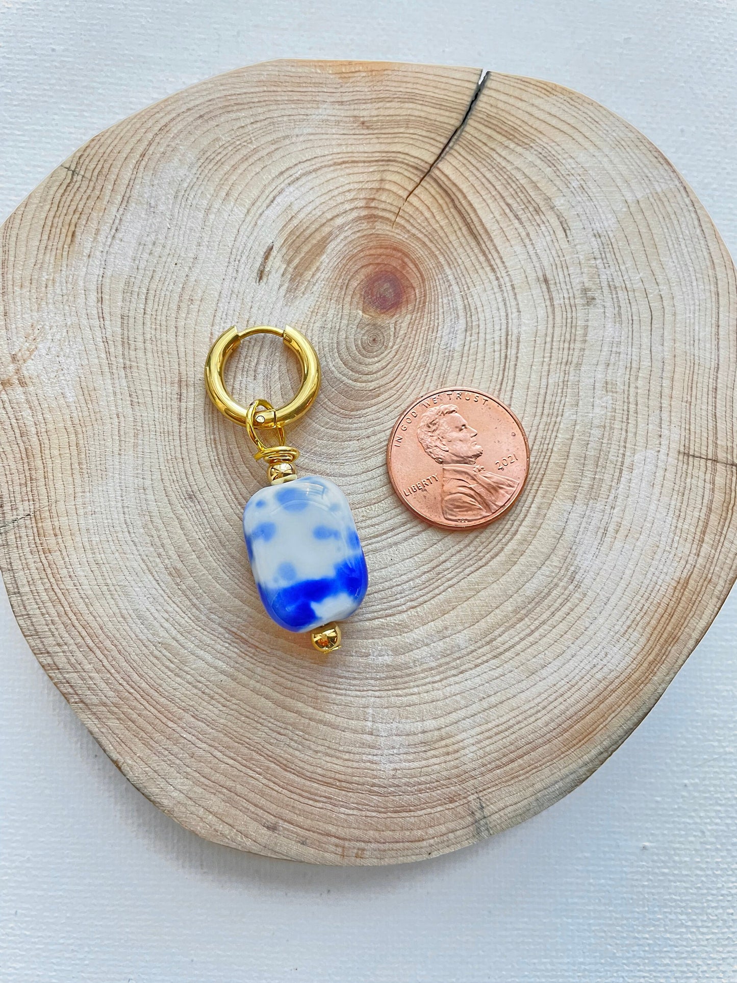 Blue and White Hand Painted -Ceramic Hoop Earrings