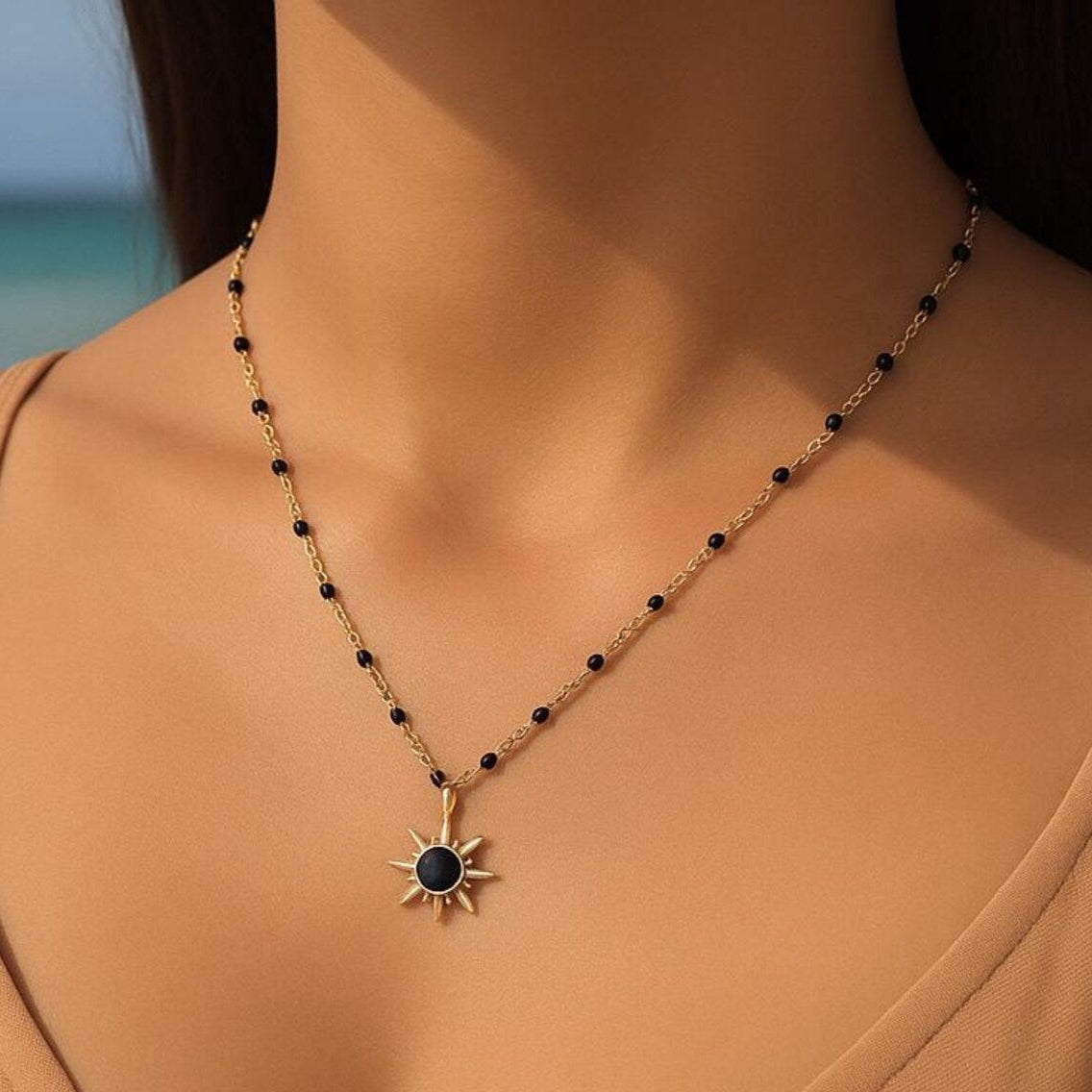 Black Onyx Sun Pendant Necklace
