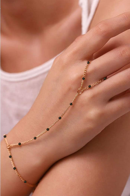 Gold Beaded Slave Bracelet, Dainty Chain Gold Ring Bracelet, Hand Ring Gold Handlet Bracelet, Boho Enamel Bead Hand Salve Bracelet Gift