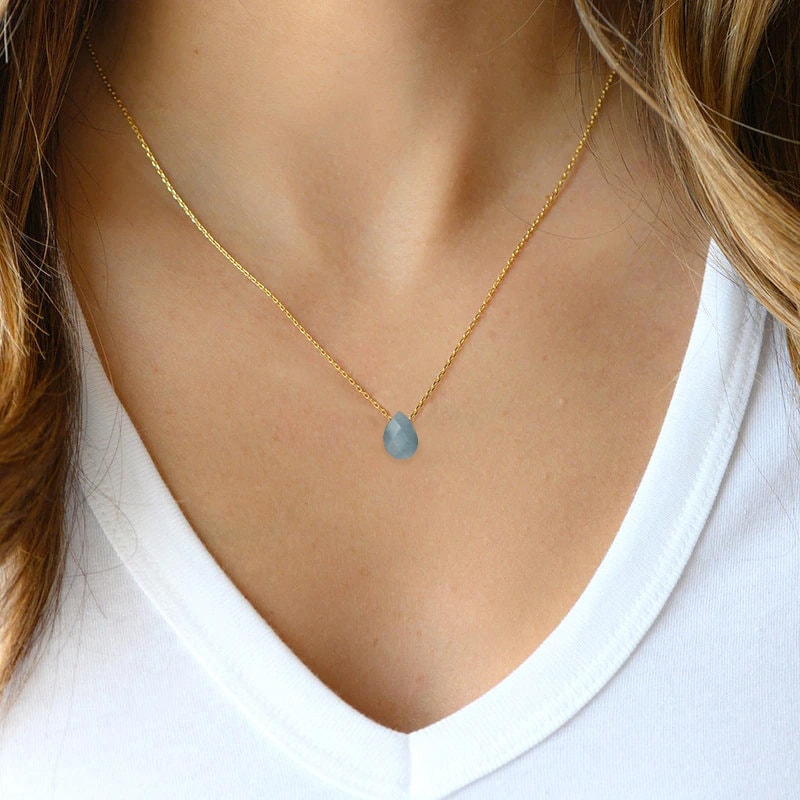 Aquamarine Minimalist Crystal Necklace, March Birthstone Necklace, Aquamarine Faceted Gemstone