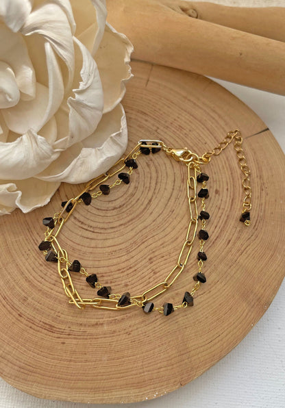 Obsidian Crystal Gold Bracelet, Obsidian Beaded Two Layer Protection Bracelet, Natural Obsidian Bead Stone, Healing Bracelet