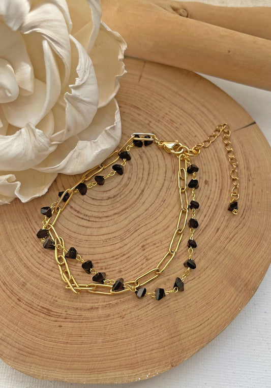 Obsidian Crystal Gold Bracelet, Obsidian Beaded Two Layer Protection Bracelet, Natural Obsidian Bead Stone, Healing Bracelet