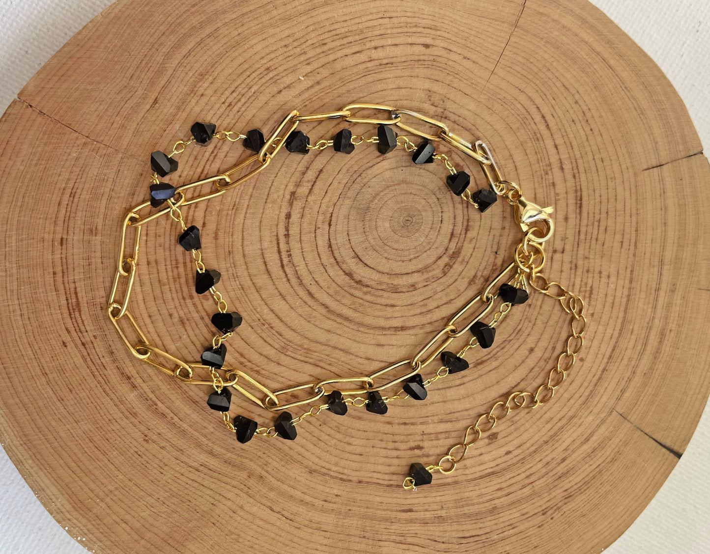 Obsidian Crystal Gold Bracelet, Obsidian Beaded Two Layer Protection Bracelet, Natural Obsidian Bead Stone, Healing Bracelet