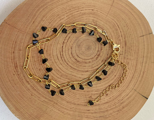 Obsidian Crystal Gold Bracelet, Obsidian Beaded Two Layer Protection Bracelet, Natural Obsidian Bead Stone, Healing Bracelet