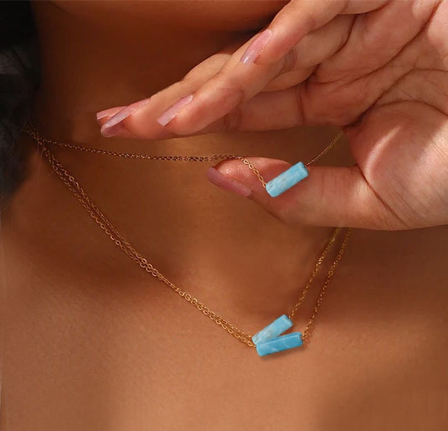 Tiny Larimar Dominican Gemstone Minimalist Necklace, Small Natural Blue Stone Necklace, Dominican Blue Stone Waterproof Crystal, Gift