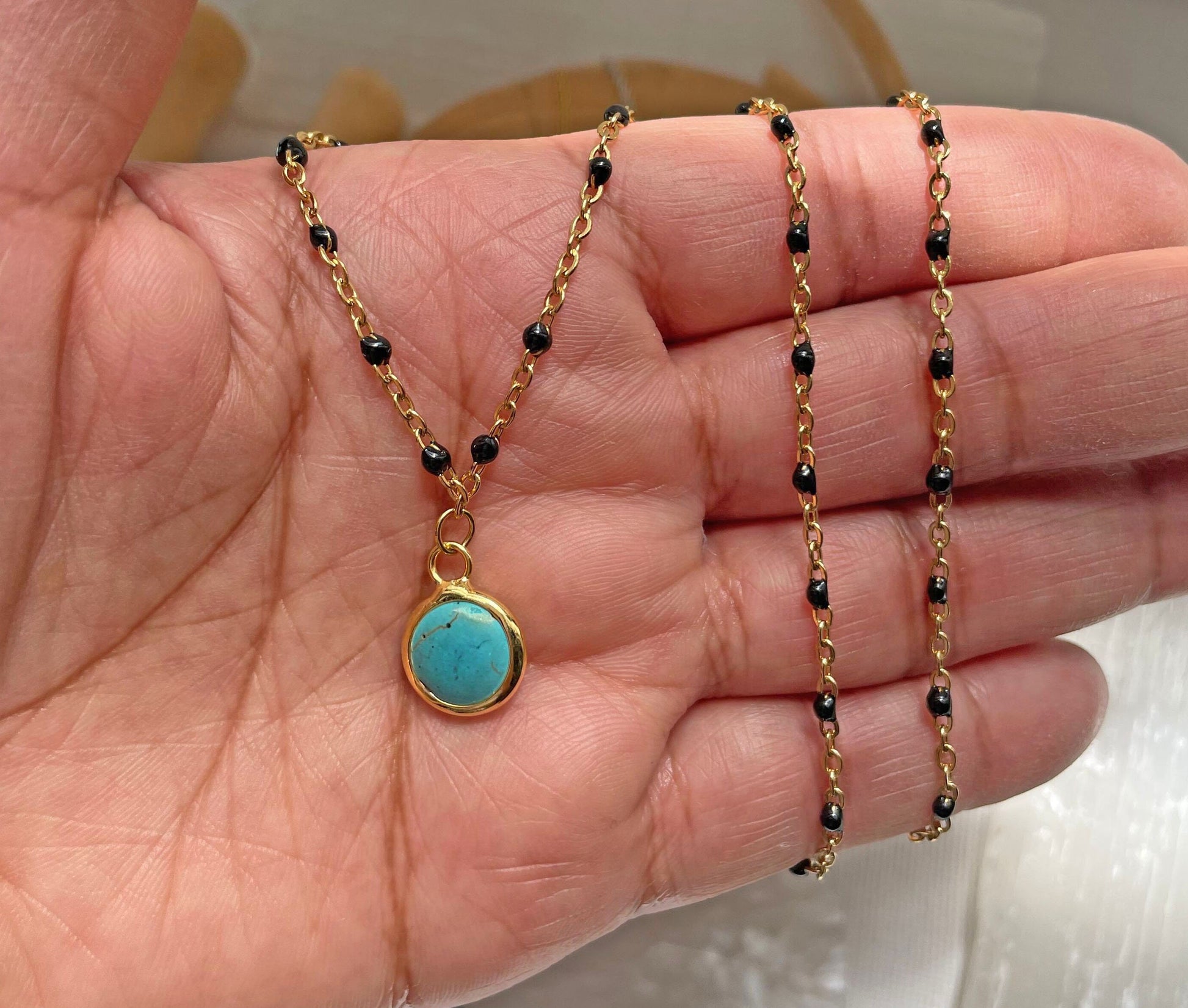 Genuine Turquoise Gold Bead Necklace, Boho Turquoise Pendant, Birthday Gift, Necklace for Women, Gemstone Necklace, Gift for Mom