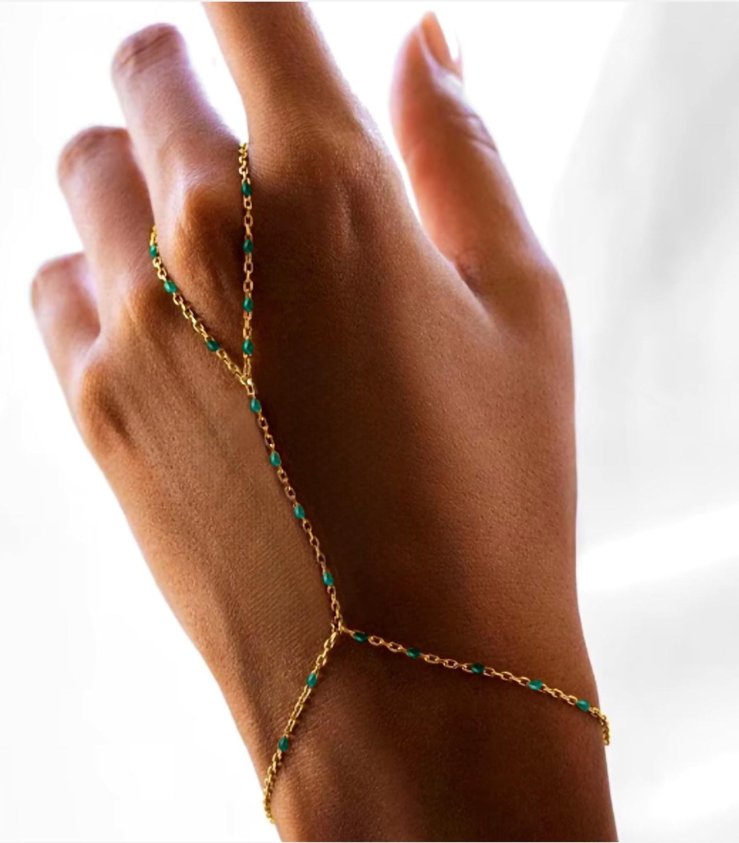 Gold Beaded Slave Bracelet, Dainty Chain Gold Ring Bracelet, Hand Ring Gold Handlet Bracelet, Boho Enamel Bead Hand Salve Bracelet Gift