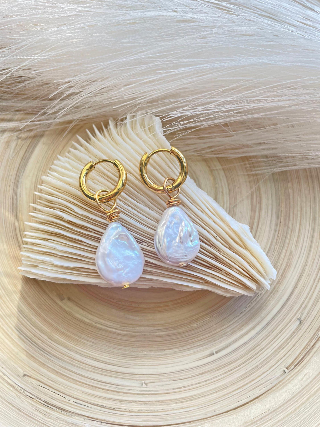 Pearl Dangle Gold Hoop Earrings , Pearl Gift for her