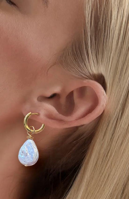 Pearl Dangle Gold Hoop Earrings , Pearl Gift for her