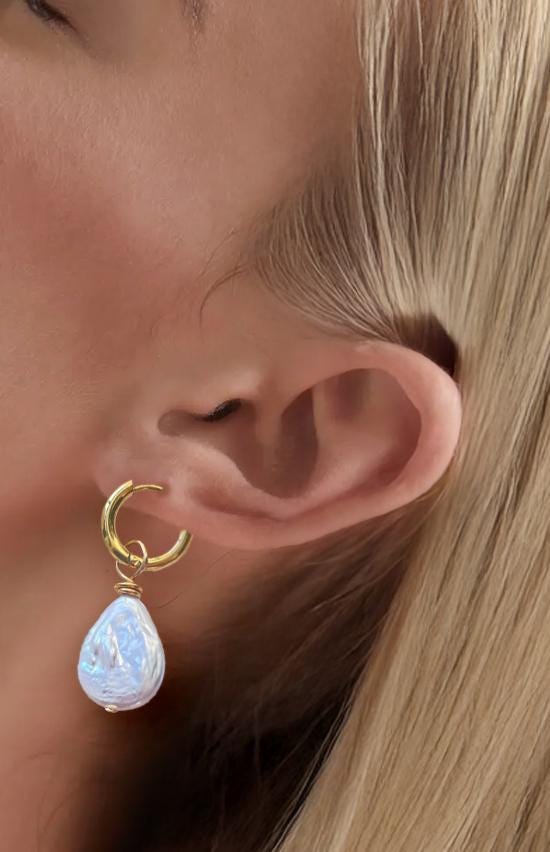 Pearl Dangle Gold Hoop Earrings , Pearl Gift for her