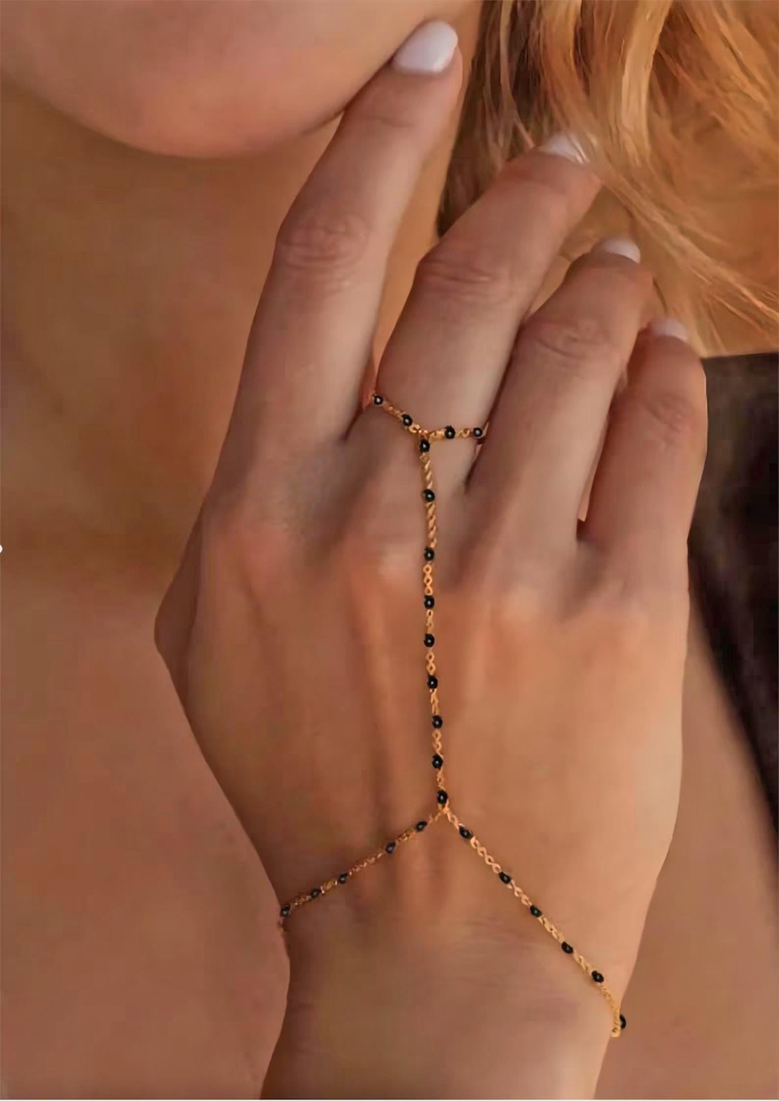 Gold Beaded Slave Bracelet, Dainty Chain Gold Ring Bracelet, Hand Ring Gold Handlet Bracelet, Boho Enamel Bead Hand Salve Bracelet Gift