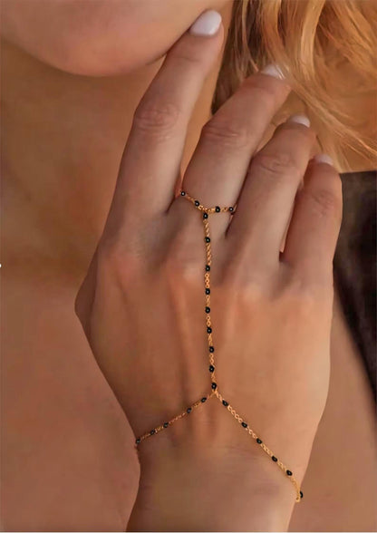 Gold Beaded Slave Bracelet, Dainty Chain Gold Ring Bracelet, Hand Ring Gold Handlet Bracelet, Boho Enamel Bead Hand Salve Bracelet Gift