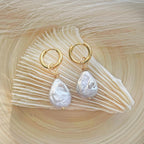 Pearl Dangle Gold Hoop Earrings , Pearl Gift for her