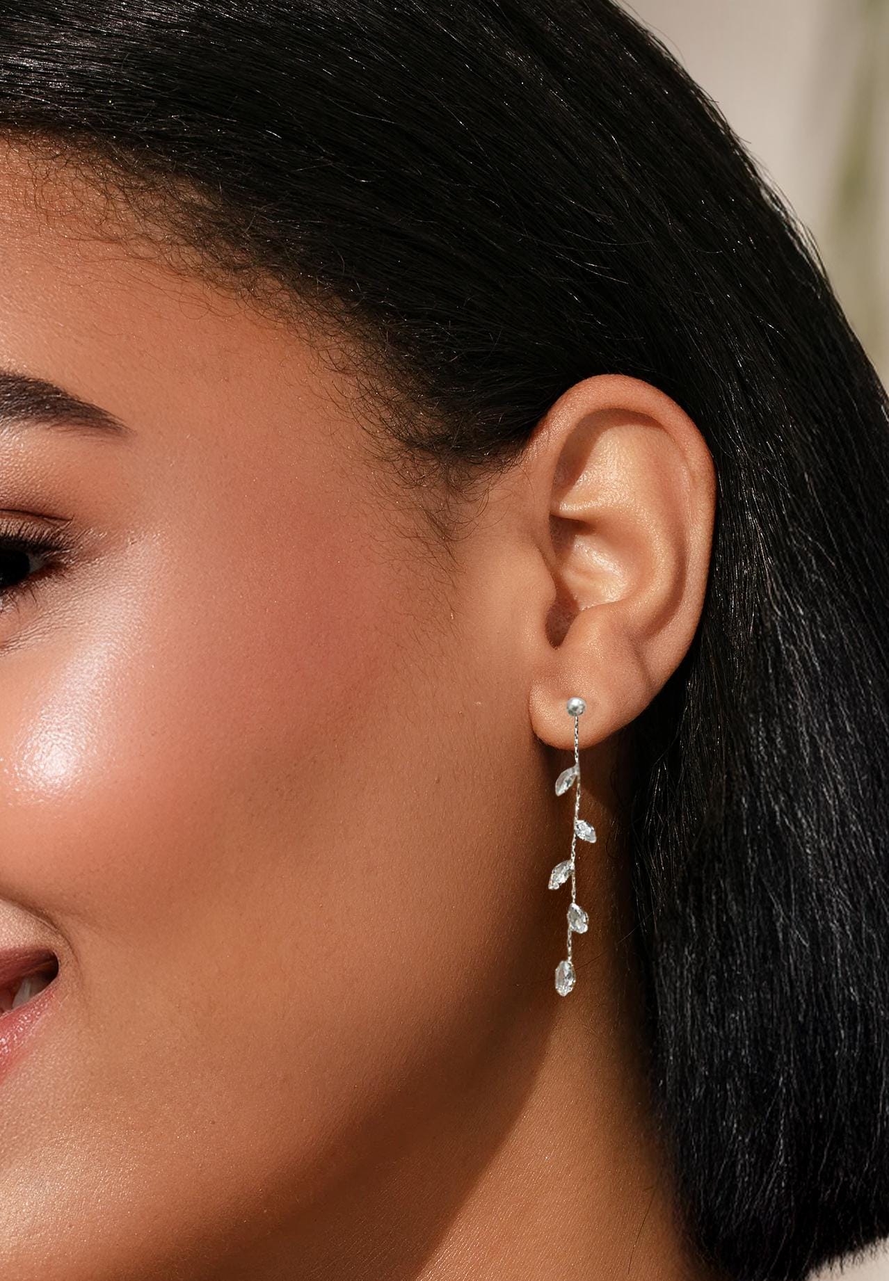 Leaf Diamond CZ Dangle Drop Earring, Bridal , Glam Diamond CZ | Diamond CZ Silver Tassel Drop Earrings| Bridal Wedding Earrings