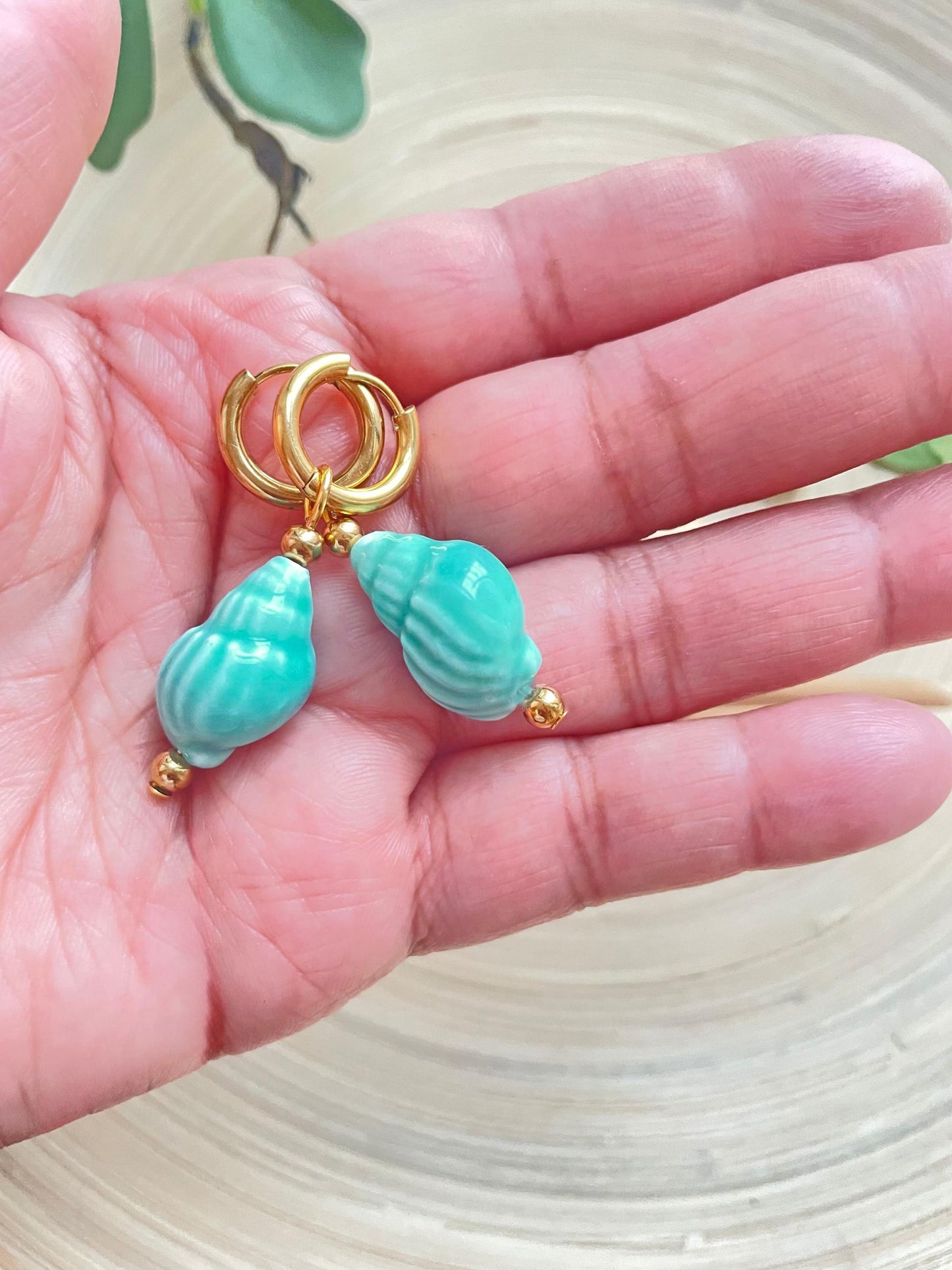 Hoop Gold Earrings Ceramic Hand Painted Shell Coral Beach, Hand Painted Shell Ceramic Beach Summer, Vacation Hoop Earrings| Waterproof