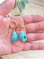 Hoop Gold Earrings Ceramic Hand Painted Shell Coral Beach, Hand Painted Shell Ceramic Beach Summer, Vacation Hoop Earrings| Waterproof