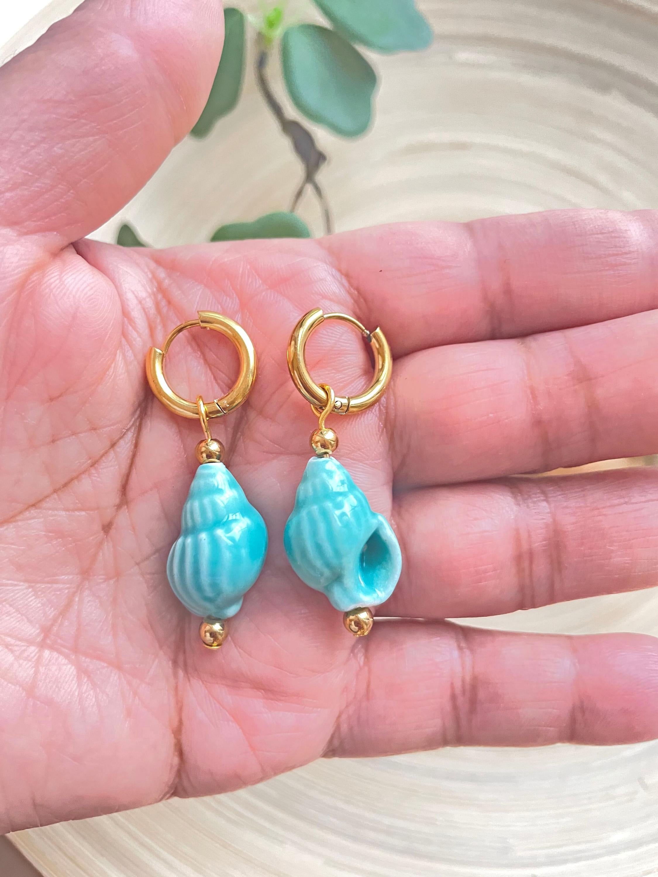 Hoop Gold Earrings Ceramic Hand Painted Shell Coral Beach, Hand Painted Shell Ceramic Beach Summer, Vacation Hoop Earrings| Waterproof