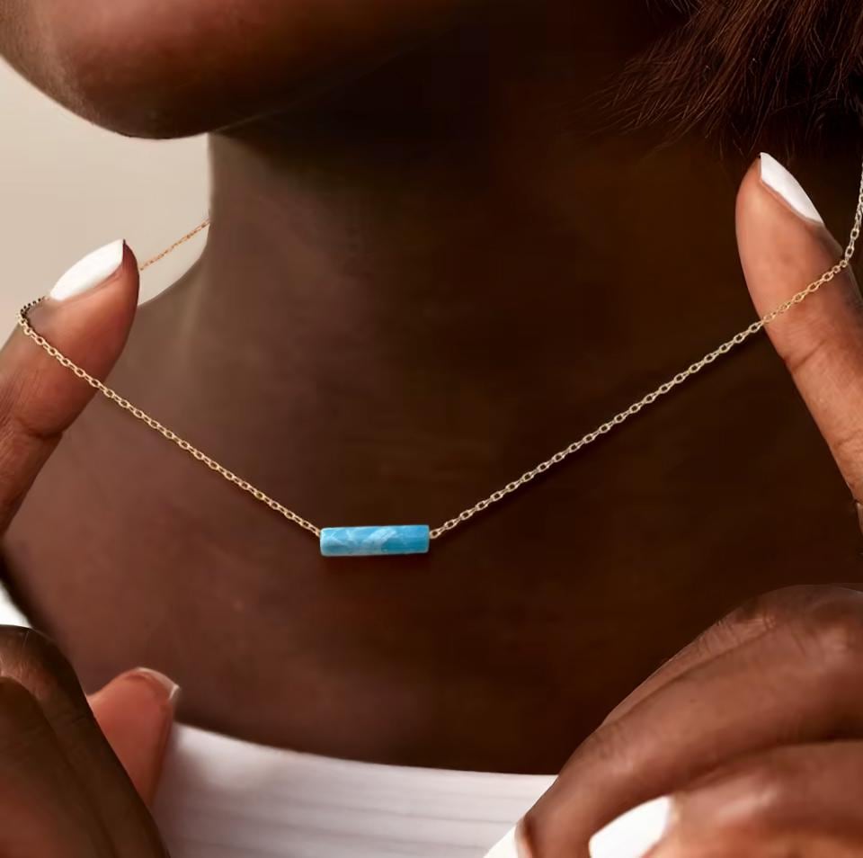 Tiny Larimar Dominican Gemstone Minimalist Necklace, Small Natural Blue Stone Necklace, Dominican Blue Stone Waterproof Crystal, Gift