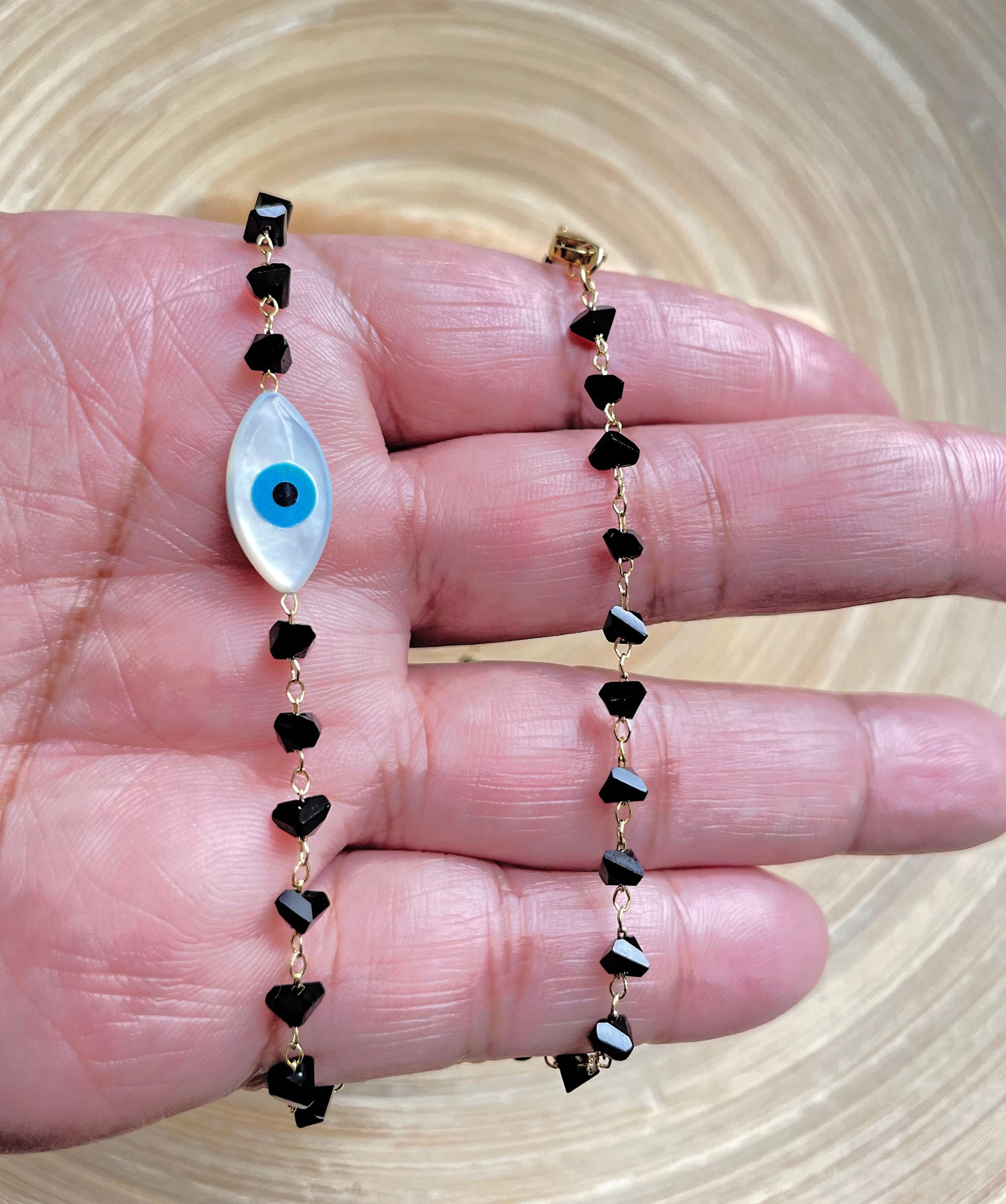 Obsidian Evil Eye Mother of Pearl Necklace , Boho Evil Eye Black Crystal Necklace