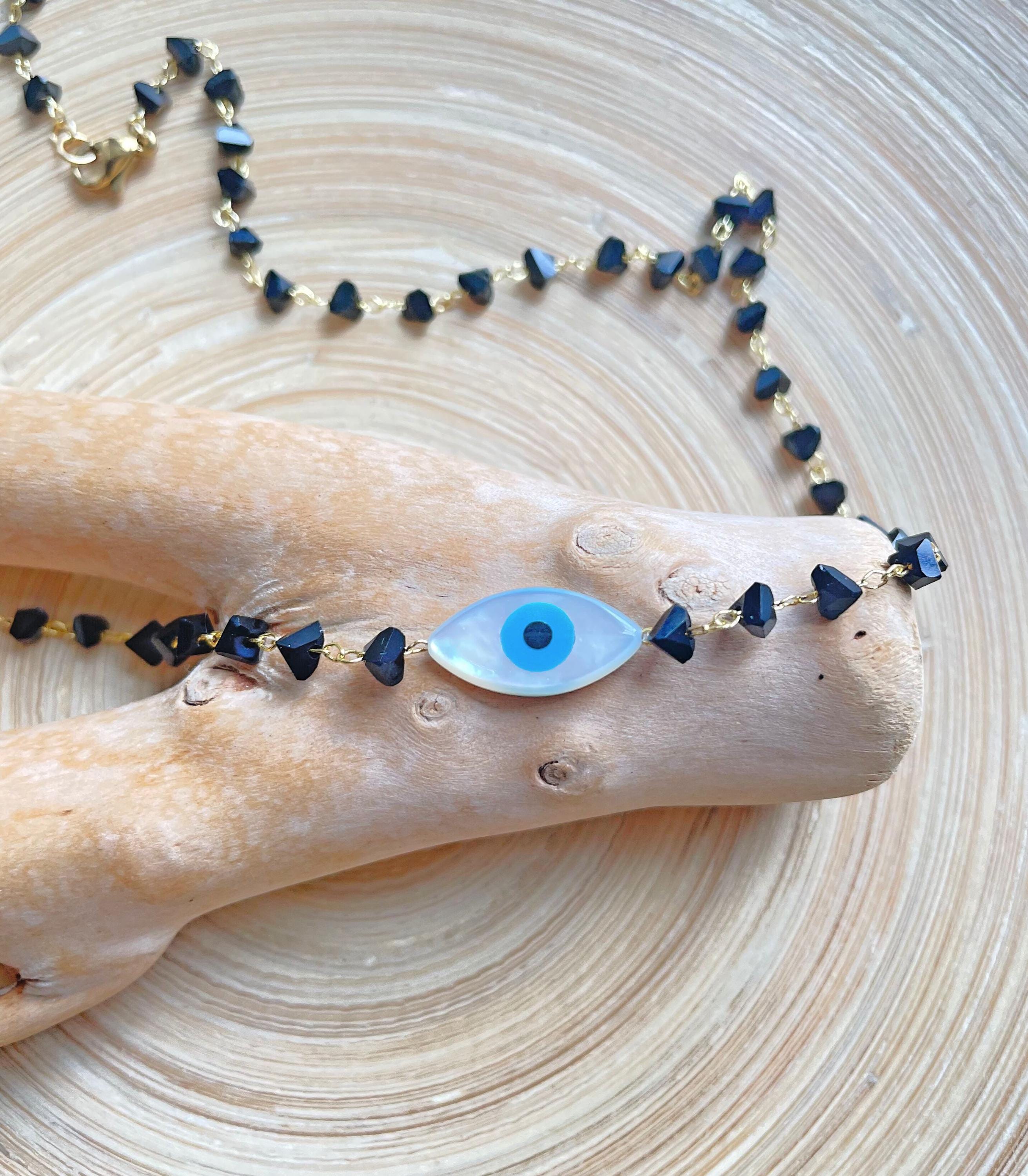 Obsidian Evil Eye Mother of Pearl Necklace , Boho Evil Eye Black Crystal Necklace
