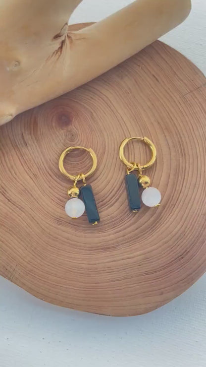 Selenite ~ Obsidian Crystal Huggies Gold Hoops , Crystal Hoop Earrings, Birthstone Huggies, Tiny Dainty Small Hoops, Minimalist earrings