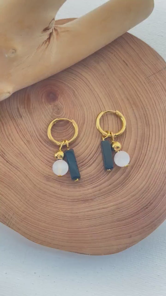 Selenite ~ Obsidian Crystal Huggies Gold Hoops , Crystal Hoop Earrings, Birthstone Huggies, Tiny Dainty Small Hoops, Minimalist earrings