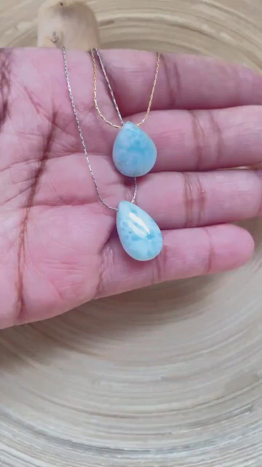 Larimar Minimalist Teardrop Dominican Stone Necklace, Genuine Larimar Blue Stone Necklace, Dominican Blue Stone Crystal, Gift for her