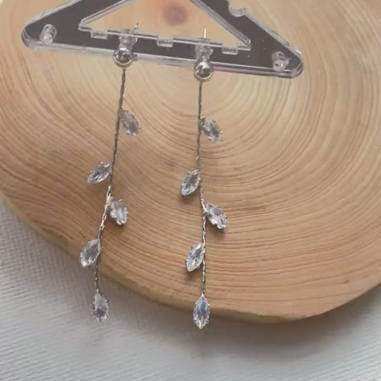 Leaf Diamond CZ Dangle Drop Earring, Bridal , Glam Diamond CZ | Diamond CZ Silver Tassel Drop Earrings| Bridal Wedding Earrings