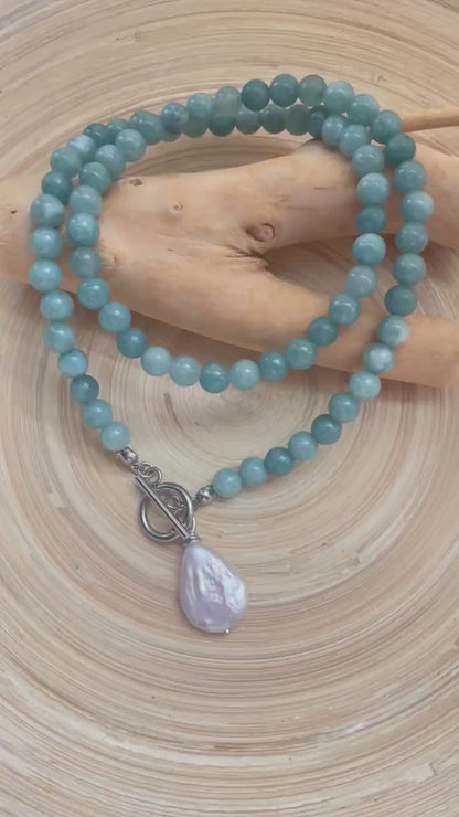 Blue Amazonite Beaded ~ Pearl Pendant Necklace