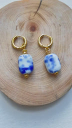 Blue and White Hand Painted -Ceramic Hoop Earrings