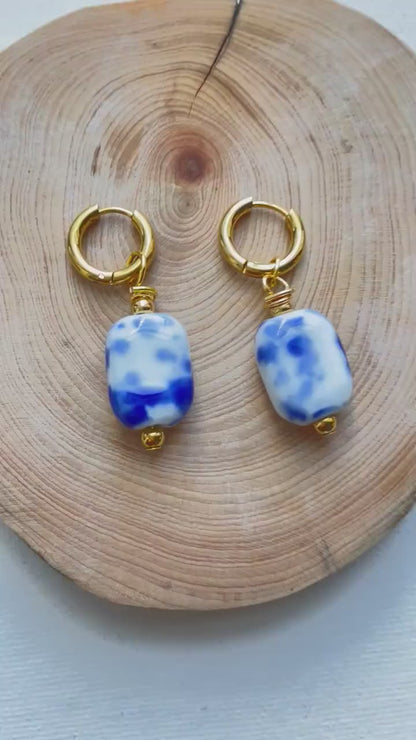 Blue and White Hand Painted -Ceramic Hoop Earrings