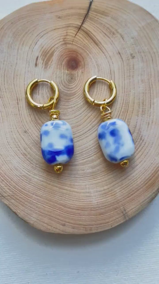 Blue and White Hand Painted -Ceramic Hoop Earrings