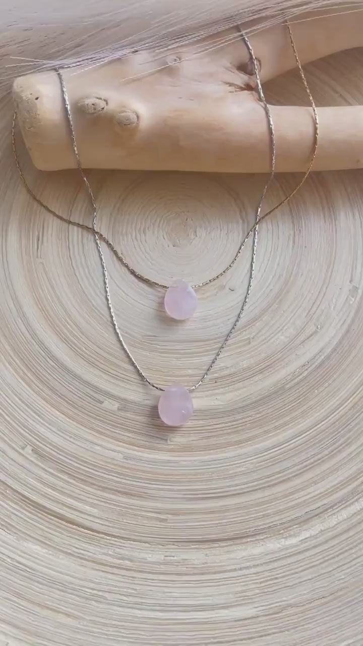 Tiny Rose Quartz Teardrop Pendant Necklace