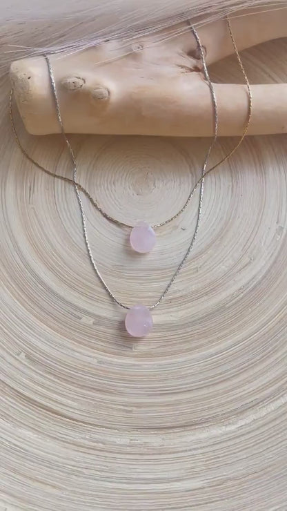 Tiny Rose Quartz Teardrop Pendant Necklace