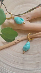 Hoop Gold Earrings Ceramic Hand Painted Shell Coral Beach, Hand Painted Shell Ceramic Beach Summer, Vacation Hoop Earrings| Waterproof