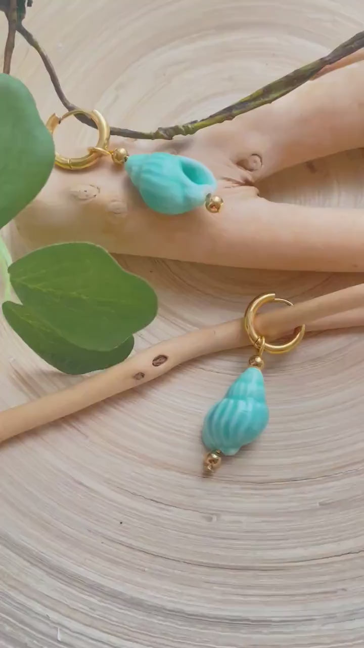 Hoop Gold Earrings Ceramic Hand Painted Shell Coral Beach, Hand Painted Shell Ceramic Beach Summer, Vacation Hoop Earrings| Waterproof