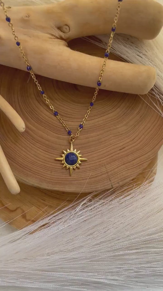 Dainty Lapis Lazuli Star  Necklace ~ Boho Lapis Lazuli Beaded Chain