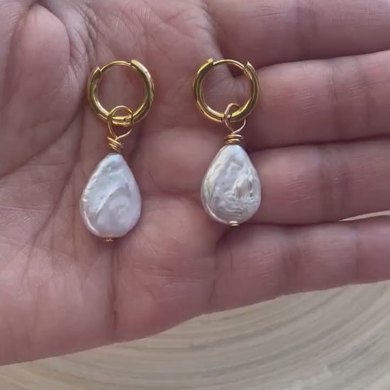 Pearl Dangle Gold Hoop Earrings , Pearl Gift for her