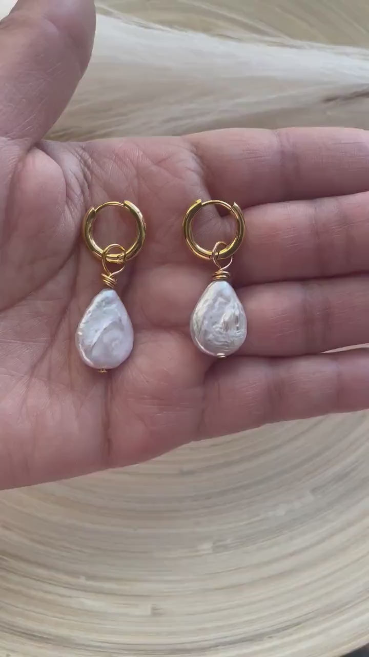 Pearl Dangle Gold Hoop Earrings , Pearl Gift for her