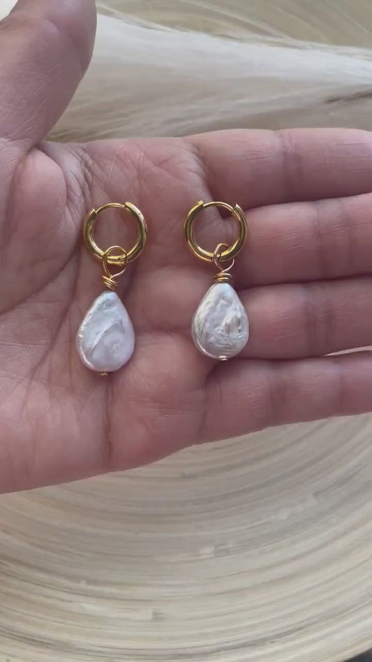Pearl Dangle Gold Hoop Earrings , Pearl Gift for her
