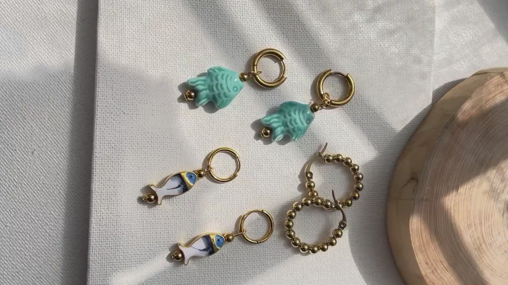 Huggie Hoop Ceramic Blue White Gold Earrings