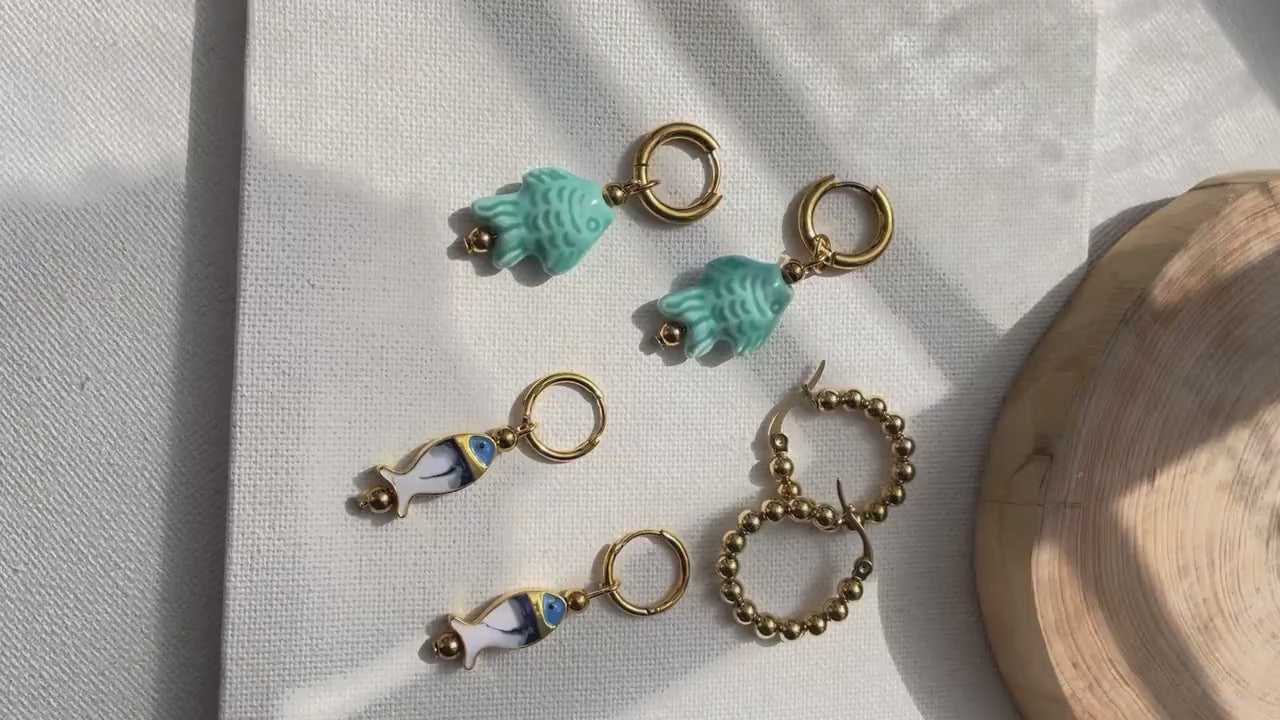 Huggie Hoop Ceramic Blue White Gold Earrings