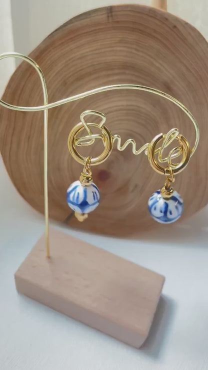 Blue and White Hand Painted -Ceramic Hoop Earrings
