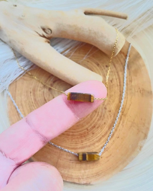 tigers eye minimlaist bar necklace 